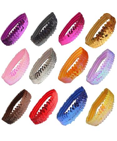 Kenz Laurenz Sequin Headband Pack - Set of 12 Glitter Elastic Stretch Fashion Headbands for Teens, Girls, Women - Perfect for Volleyball, Basketball Teams - Sparkly Hair Accessories - Buy Online on GoSupps.com