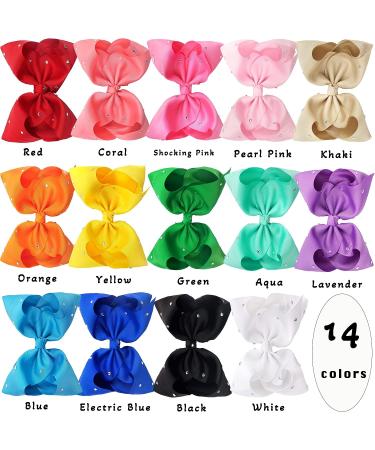 Sparkly Rhinestone 8-Inch Hair Bows Clips - 14 Piece Set for Girls, Toddlers, and Teens - Buy Online on GoSupps.com