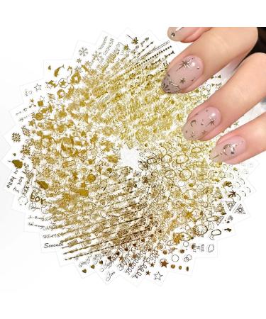 30 Sheets Gold Nail Art Stickers 3D Self-Adhesive Gold Star Nail Decals Gold Heart Nail Stickers Aurora Line Moon Nail Art Stickers for Nail Design Decoration Accessories for Women and Girls Style-4