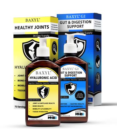 BAXYL & BaxylGI Bundle Pack - (6 fl oz Each) - Hyaluronic Acid Joint Supplement & Hylarunonan Amaferm Prebiotic Digestive Supplement.
