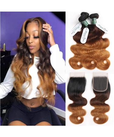 Ombre Body Wave Human Hair Bundles with Closure - Brazilian 3 Bundle Set (12 14 16) + 10 Inch T1B/4/30 - Weave Hair Extensions - Buy Online on GoSupps.com
