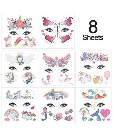 HOWAF Unicorn Mermaid Butterfly Face Tattoos Kit - 8 Sheets, Kids Temporary Face Paint for Parties & Halloween - Skin Safe - Buy Online on GoSupps.com