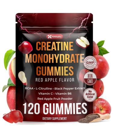 Premium 120 Creatine Gummies - Formulation with Creatine Monhydrate Vitamin C & B6 - Vegan Non-GMO Sugar-Free Red Apple Flavor Creatine Monohydrate Gummies 120 Count (Pack of 1)