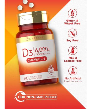 Carlyle Chewable Vitamin D3 6000 IU Tablets | 180 Count | Natural Berry Flavor | Vegetarian Non-GMO & Gluten Free - Buy Online on GoSupps.com
