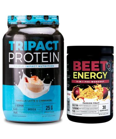 Nutrology TRIPACT Protein Powder 7-in-1 Meal Replacement Shake Vanilla Latte Cinnamon Flavor (40 Servings) Beet Natural O2 Pre Workout Powder Passion Fruit Flavor (30 Servings)