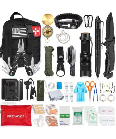 200Pcs Emergency Survival Kit and First Aid Kit Professional Survival Gear SOS Emergency Tool with Molle Pouch for Camping Adventures Black