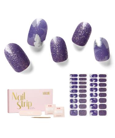 NAILOG Semi Cured Gel Nail Strips 34 pcs Salon-Quality Gel Nail Stickers Long Lasting Nail Wraps for Women with Soft Gel Finish Vintage Print & Silver Glitter (Reflection)