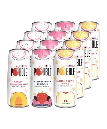 INOTEA POBBLE BURSTING BUBBLE TEA (Pack of 12 Cans) includes SALTATION Thank You Card | Canned Iced Tea Made with Real Fruit Juice and Contains Popping Pearls (16.6oz/can) | 12 Can Bundle- Available Flavors: Assorted, Mango+Red Dragon Fruit, Mixed Berries