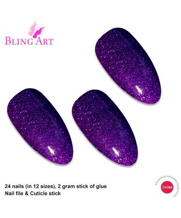 Buy Bling Art Purple Gel Stiletto Almond False Nails - 24 Long Tips with Glue | International Shipping Available - Buy Online on GoSupps.com
