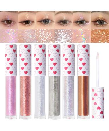 Erinde 6PCS Liquid Glitter Eyeshadow Eyeliner Korean Makeup Sparkling Shimmer Eye Shadow Long Lasting Quick Drying & Pigmented Loose Glitter Glue for Crystals Make Up 6 COLORS