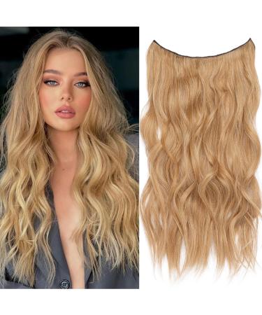 Xtrend 20 Inch Invisible Wire Hair Extensions with Transparent Wire Adjustable Size 4 Secure Clips Blonde Wavy Secret Hairpiece for Women(C2#)