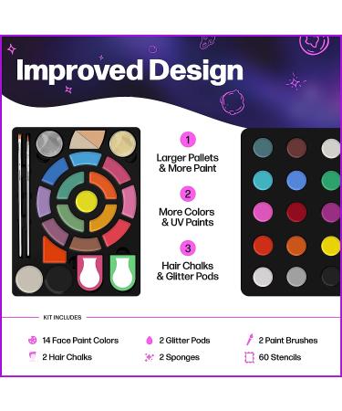 Face Painting Kit for Kids - 16 Water Based Colors with Stencils, Brushes, Glitter, Sponges & Hairchalks - Includes Tutorials & Hypoallergenic Book - Ideal for Toddlers, Teens & Adults - Buy Online on GoSupps.com