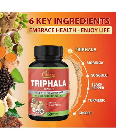 Organic Cadane Triphala Extract Capsules 5 Months Supply with Turmeric Guggulu Ginger Black Pepper Moringa - Support Digestion Health & Immune System - 150Caps - Buy Online on GoSupps.com