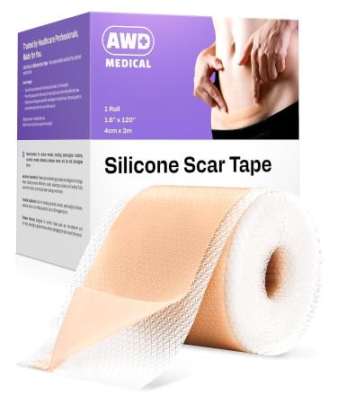 AWD Silicone Scar Tape for Surgical Scars - Pre-Cut Medical Grade Silicone Scar Sheets for C Section, Tummy Tuck Tape - Silicone Skin Patches After Surgery Must Haves (1.6" x 60" Pre-Cut Roll)