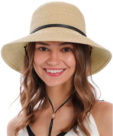 Simplicity Women's Wide Brim Straw Sun Hat with Lanyard UPF Summer Sun Hats for Women Ivory,black