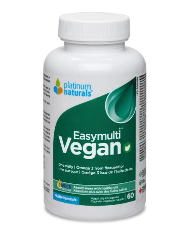 Platinum Naturals Easymulti Vegan 60 Vegan Liquid Capsules Complete Multivitamin for Men & Women Includes Omega 3 Flaxseed Oil Enriched with Vitamin B1 B2 B3 B5 B6 B12 C Iron & Zinc 60 count (Pack of 1)