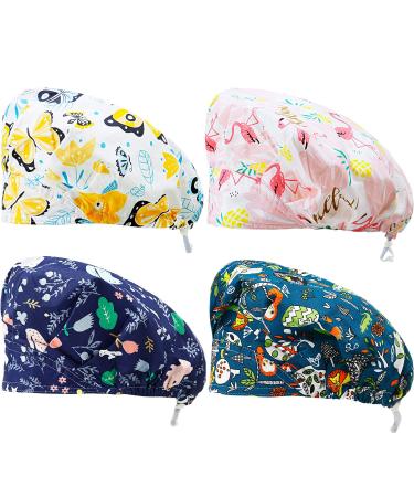 SATINIOR Adjustable Cotton Bouffant Cap Set | Elastic Head Hair Covers for Men and Women, Summer Animal Pattern | 4 Pieces, Multicolored, Medium - Buy Online on GoSupps.com