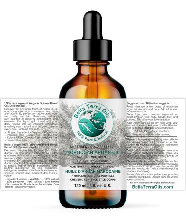Bella Terra Oils 100% Pure Moroccan Argan Oil 120ml - Organic Cold-Pressed Unrefined Hexane-Free Natural Moisturizer for Skin & Hair Non-Comedogenic Anti-Aging Ideal for Sensitive and Acne-Prone Skin 120 ml (Pack of 1) - Buy Online on GoSupps.com