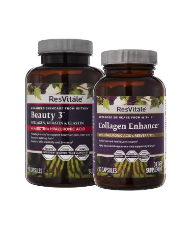 ResVitale Beauty 3 - Skin Care Supplement with Collagen Keratin & Elastin - 90 Capsules & Collagen Enhance - Beauty Supplement with Hyaluronic Acid & Resveratrol - 60 Capsules