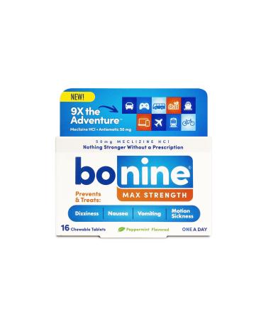 Bonine MAX Chewable for Motion Sickness Relief - with Meclizine HCL 50mg - Max Strength Formula to Treat Nausea or Motion Sickness - Cruise Essentials - Peppermint 16 Chewable Tablets 1 Pack