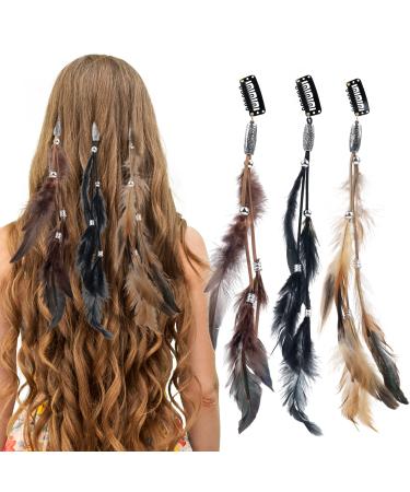 FVVMEED 3 Pieces Feather Hair Clips Women's Boho Headband Headdress with Clip Comb Handmade Hippie Hair Extensions for Women Lady and Girls Headpieces Accessories