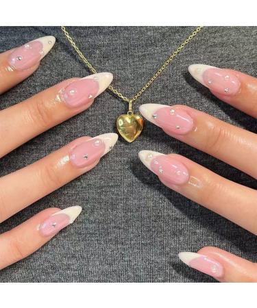 Justotry 24 pieces pearls stiletto nails to stick on short beige French artificial nails diamond almond art nails press on nails acrylic fingernails fake nails medium for women white & pearls2 - Buy Online on GoSupps.com