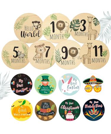 Baby Milestone Cards KAMHBE 7 Pcs Baby Monthly Wooden Cards with 8 Pcs Festival Milestone Stickers Double Printed Baby First Year Growth Photo Props Unisex Baby Shower Gifts