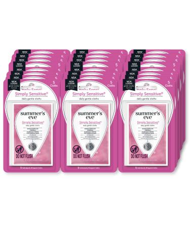 Summer's Eve Feminine Wipes Simply Sensitive Removes Odor pH balanced 5 Count Trial & Travel Size 24 Pack 120 Count (Pack of 1)