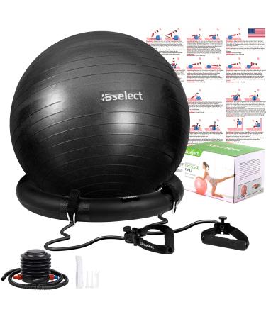 HBselect Exercise Ball Chair & Anti-Slip Stability Base & Resistance Bands, Extra Thick Anti Burst Swiss Gym Ball for Yoga, Pilates, Birthing Pregnancy 65 cm Black With Band