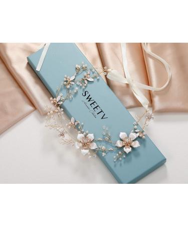 SWEETV Gold Wedding Headband - Pearl Flower Bridal Hairpiece for Women - Crystal Hair Vine Accessory - Buy Online on GoSupps.com