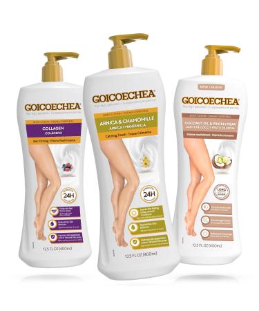 Goicoechea Body Lotion Variety Pack | Arnica & Chamomile for Lighter Legs Collagen Elastin for Skin Firming Coconut Oil & Prickly Pear for Dry Skin Varicose Veins Support 13.5 Fl Oz Each 3-Pack