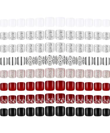 192 Pieces 8 Set Press on Toenails Fake Toe Nails Tips Kit Glue on Toes Nails for Women False Toenails Artificial Toe Nails 12 Sizes Full Cover Art Salon DIY Decoration (Simple Pattern)