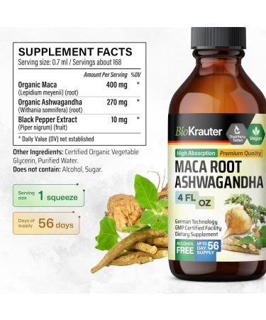 BIO KRAUTER Maca Root and Ashwagandha Tincture - Maca & Ashwagandha Supplements for Men & Women - Adaptogenic Liquid Supplement for Mood Support - Alcohol and Sugar Free Vegan Drops 4 Fl.Oz. 4 Fl Oz (Pack of 1) - Buy Online on GoSupps.com
