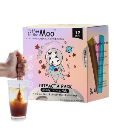 Coffee to the Moo, Nitro Cold Brew Coffee Concentrate Liquid, Gluten Free Medium Dark Roast Arabica Coffee, Instant Coffee Packets Single Serve, 12 Ct, Mix Pack (Keto, Collagen, Brain Support) Trifacta Pack - 3 in 1 Starter Kit