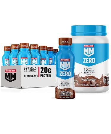 Muscle Mik ZERO Shake Chocolate 11.16 Fl Oz Bottles (Pack of 12) + Muscle Milk Zero 100 Calorie Protein Powder Chocolate 15g Protein 1.65 Pound 25 Servings