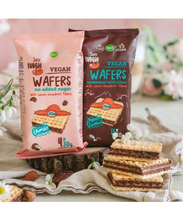  SUPER FUDGiO SUPER FUDGiO Organic Waffles with Cocoa and Hazelnut Cream without Sugar or Palm Oil - Vegan Snack No Sugar Added - 4 x 30g - Buy Online on GoSupps.com