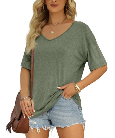 MIROL Women's Half Sleeve T Shirts Fashion V Neck Oversized Loose Tops Solid Casual Basic Blouses Large Armygreen