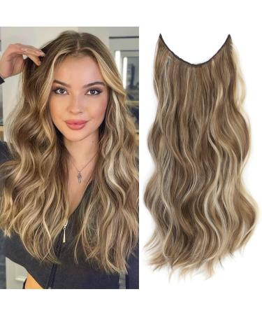 20 inch Long Wavy Curly Hair Extensions Invisible Wire Hair Extension with Adjustable Transparent Headband 4 Secure Clips in Medium Brown Ash Blonde Hair Extensions Synthetic Hairpiece for Women 20 Inch Medium Brown Ash ...
