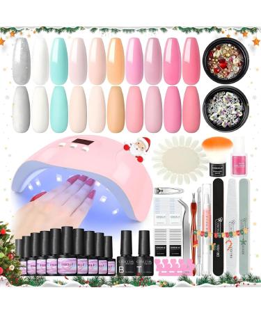 COSCELIA Gel Nail Polish Kit with U V Light Starter Kit 10PC Gel Polish Top Base Coat Nail Art Rhinestones Pink White Glitter Colors Gel Nail Manicure Kit Nail Art Design DIY for Women