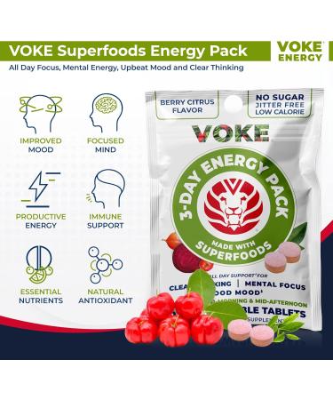 Voke ENERGY TABLETS - Superfood Chewable for Focus & Clarity | 30 Count (Pack of 5) | Vitamin C Mood Support Portable & Resealable - Buy Online on GoSupps.com