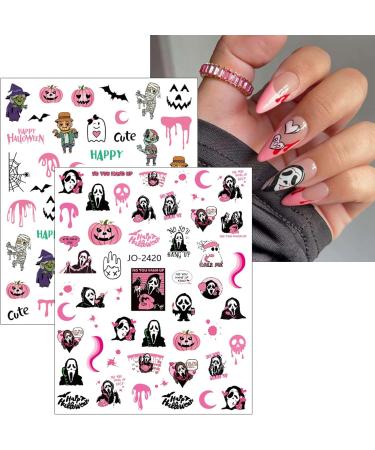 JMEOWIO 12 Sheets Halloween Nail Art Stickers Decals Self-Adhesive Skull Cute Horror Ghost Pumpkin Pink Nail Supplies Nail Art Design Decoration Accessories - Buy Online on GoSupps.com