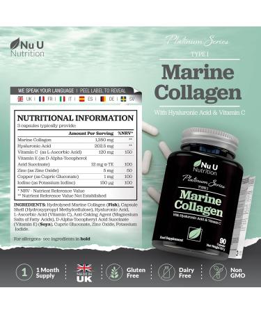 Marine Collagen with Hyaluronic Acid Vitamin C - 90 Hydrolyzed Capsules (not Tablets) - Premium High Strength Collagen Supplements for Women & Men - Type 1 Marine Collagen - Nu U Nutrition - Buy Online on GoSupps.com