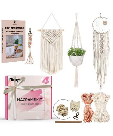 4 in 1 Macrame kit Adult Beginner: 1 Macrame Wall Hanging  1 Macrame Plant Hanger  1 Moon Dreamcatcher and 1 Macrame Keychain for Adults with Written Instructions and Video Tutorials