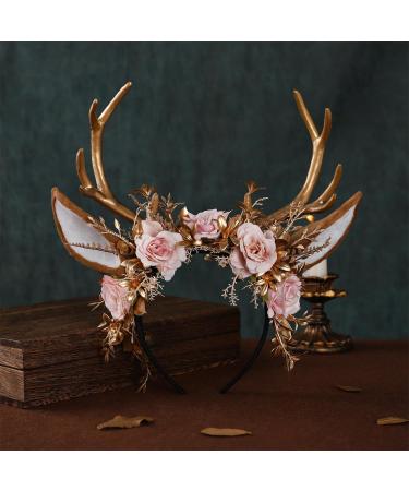 MOSTORY Handmade Gold Flower Antler Headband - Woodland Floral Reindeer Headpiece with Deer Ears Forest Fairy Hairband for Women Renaissance Halloween Cosplay Prom Photo Shoot Pink Rose - Buy Online on GoSupps.com