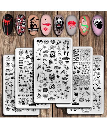 5pcs Halloween Nails Nail Art Stamping Plates Set Spider Ghost Pumpkin Bat Design Festiva Nail Stamping Kit 12 * 6cm Nail Art Image Plates Stainless Steel Manicure Print Tool for Stamping Gel Polish silver