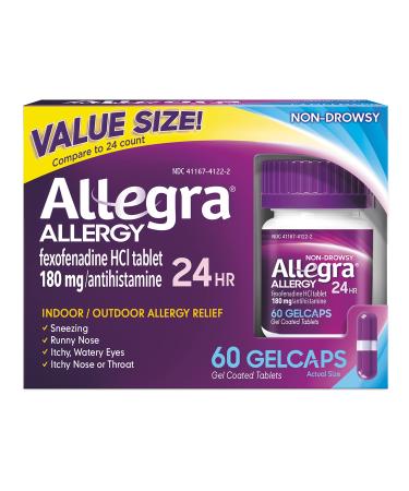 Allegra Adult 24HR Non-Drowsy Antihistamine, 60 Gelcaps, Fast-acting Allergy Symptom Relief, 180 mg 60 Count (Pack of 1)