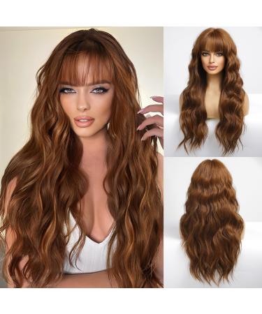 HAIRCUBE Dark Auburn Wig with Bangs Long Auburn Brown Wavy Wigs for Women Synthetic Curly Wavy Wigs Middle Part Heat Resistant Wig for Daily Party Wear