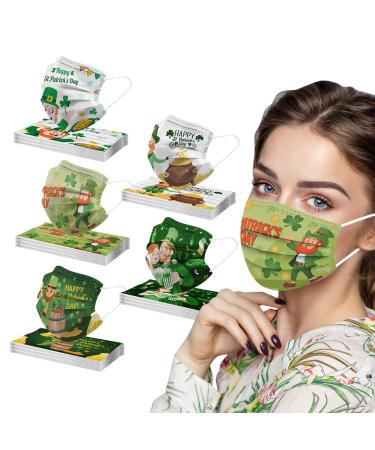 50PCS St Patricks Day Disposable Face_M sks for Adults 3-Layer Breathable Protection Holiday Party Decorations for Women Men