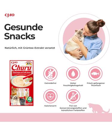 Inaba Churu Puree Cat Snacks - Hand-Feeding Tuna & Crab Sticks - 4 x 14g Pack - Buy Online on GoSupps.com