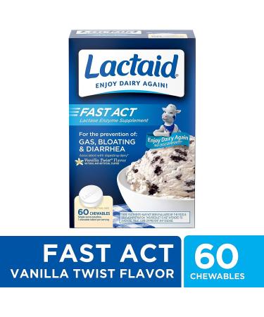 Lactaid Fast Act Chewables 60 ct (Pack of 4) | Natural Lactase Enzyme for Lactose Intolerance Relief | Prevent Gas, Bloating & Diarrhea | Vanilla Twist Flavor | On-the-Go - Buy Online on GoSupps.com